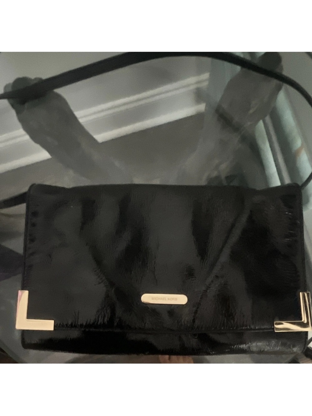 Michael Kors Black Patent Leather Wristlet Clutch with Gold Accents